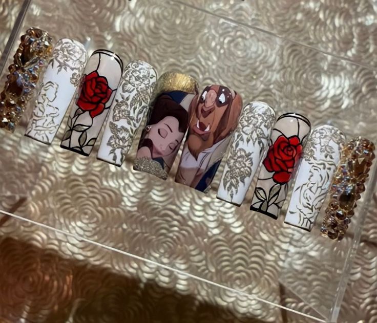 beauty and the beast nails Beauty And The Beast Nails Acrylic Quince, Beauty And The Best Nails, Beauty And Beast Nails Art Ideas, Beauty Beast Nails, Disney Beauty And The Beast Nails, Wedding Disney Nails, Beauty And The Beast Wedding Nails, Beauty And The Beast Quince Nails, Beauty And Beast Nails