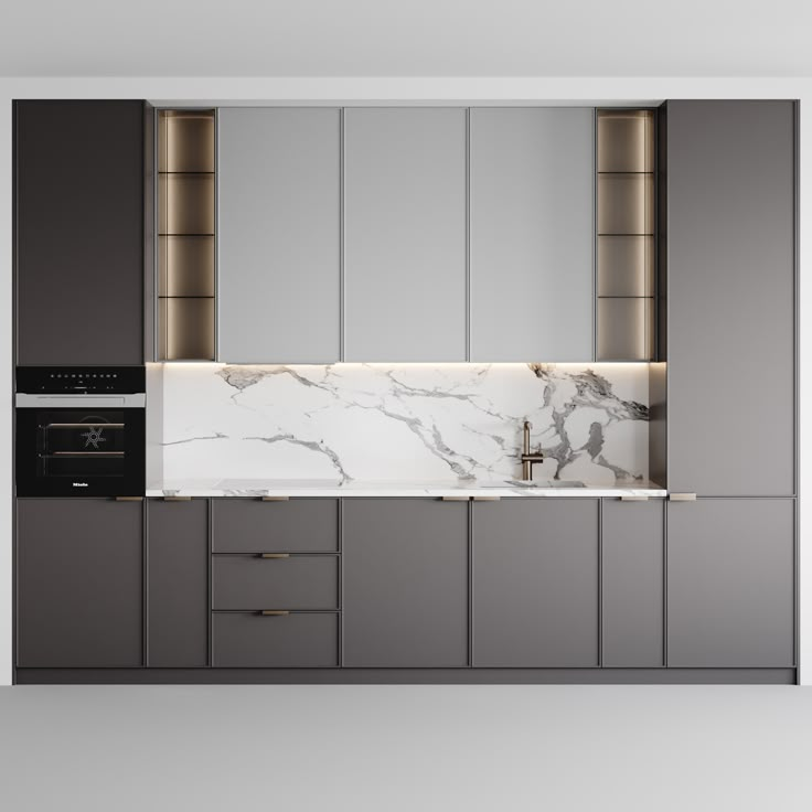 a kitchen with grey cabinets and marble counter tops