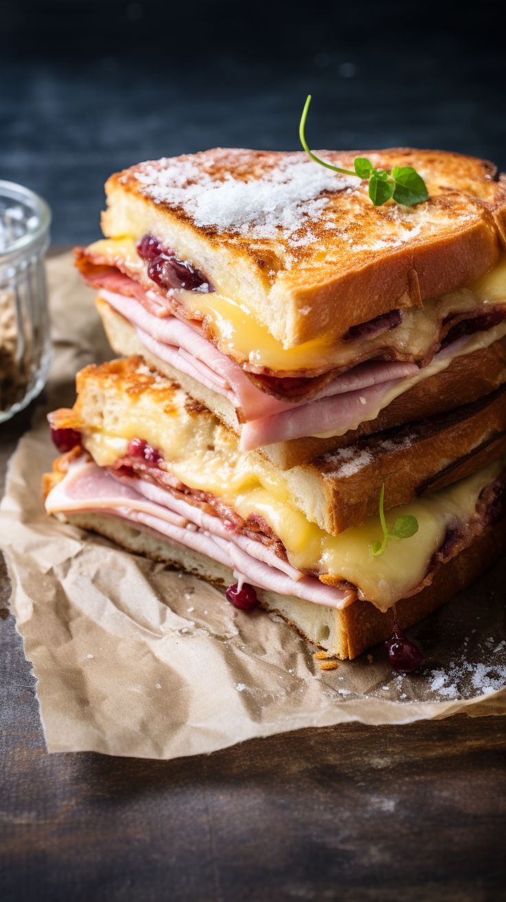 a stack of sandwiches sitting on top of a piece of wax paper