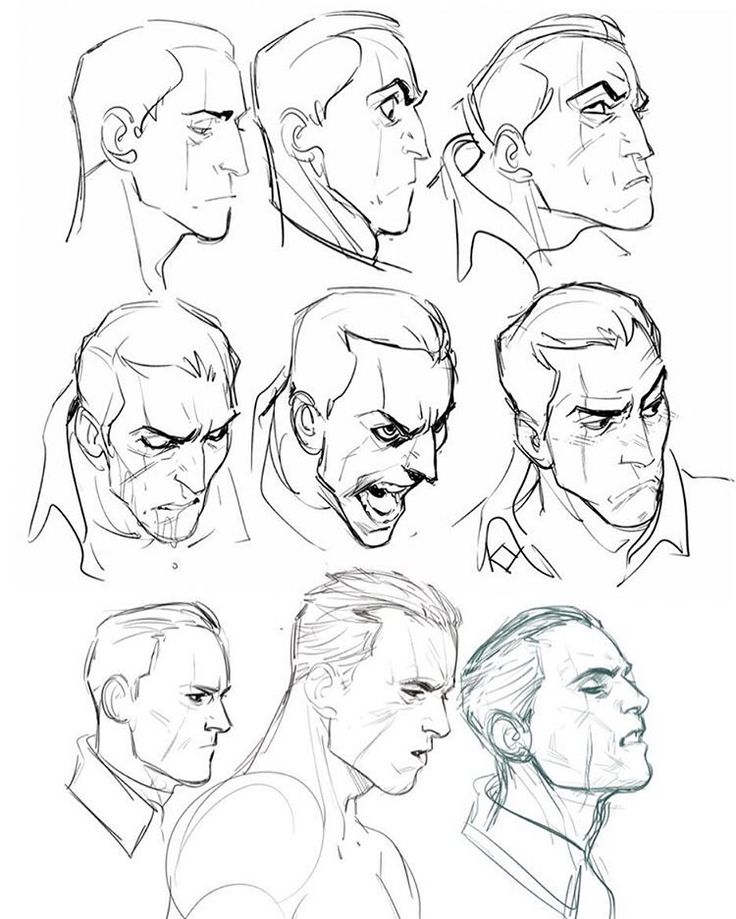 some sketches of the head and shoulders of an adult male in various poses, with different facial expressions