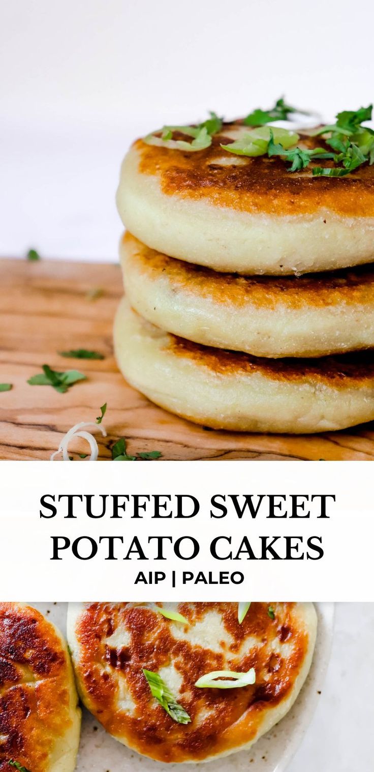 stacked sweet potato cakes with text overlay