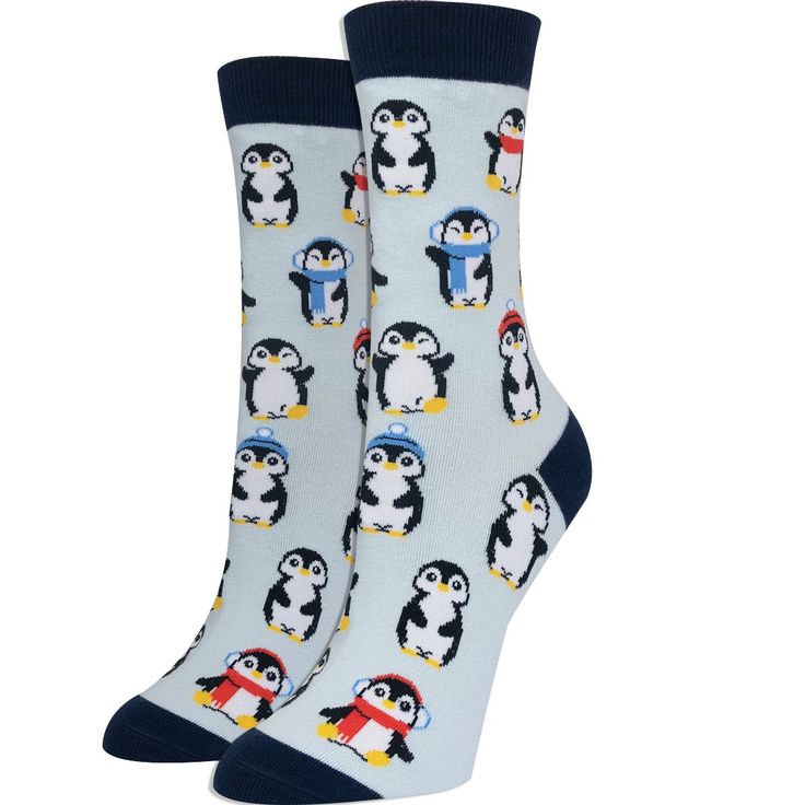 Penguin socks for women. Featuring cute penguins dressed up in hats and scarves for cold weather. These women's penguin socks are a great way to add a pop of color to any outfit. Casual Socks As Gift For Fall, Casual Socks As A Gift For Fall, Casual Socks For Fall Gift, Casual Socks For Fall, Trendy Blue Socks For Winter, Trendy Blue Winter Socks, Casual Winter Socks For Stocking Stuffers, Winter Stocking Stuffer Socks, Trendy Winter Gift Socks