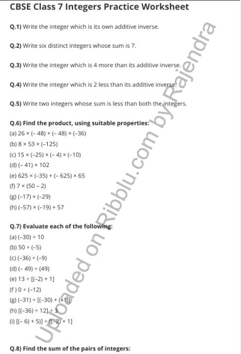 a worksheet for the class 7 math practice workbook with answers and examples