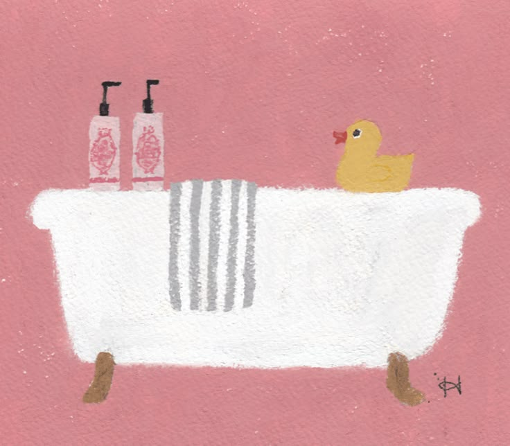 a painting of a bathtub with two bottles and a rubber duck