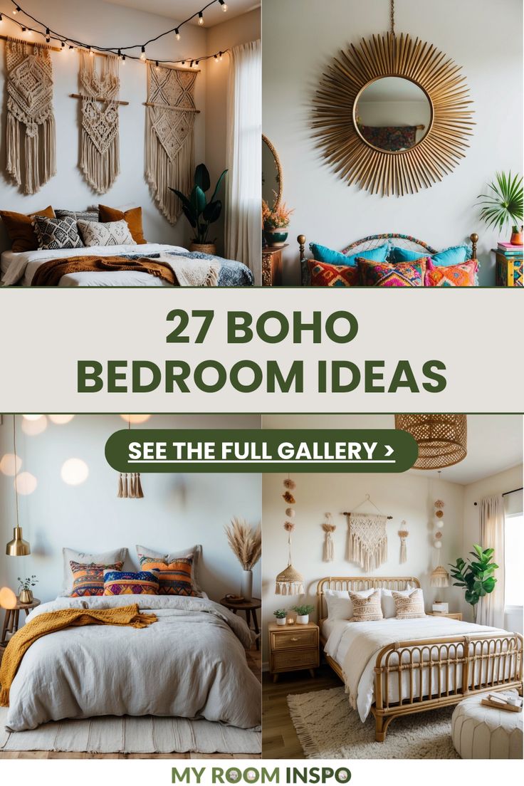 Explore 4 stunning images showcasing 27 unique Boho bedroom decor ideas. Perfect decorations for a cozy and eclectic bedroom makeover. Boho Wall Panelling, Hobo Bedroom, Cozy Plant Bedroom, Desert Theme Bedroom, Boho Scandinavian Bedroom, Modern Boho Bedroom Ideas, Modern Bohemian Bedroom, Cozy Boho Bedroom, Boho Bedroom Decor Ideas