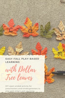 the fall leaves have been made out of paper and are next to a marker that says learning with dollar tree leaves