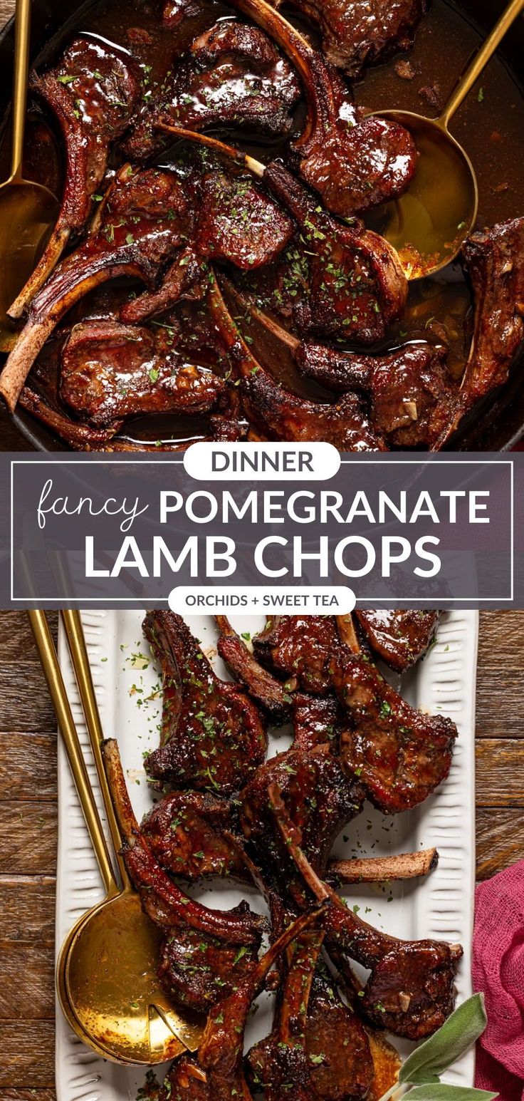 a plate full of lamb chops with spoons on it and the title overlay reads dinner fancy pomegranate lamb chops