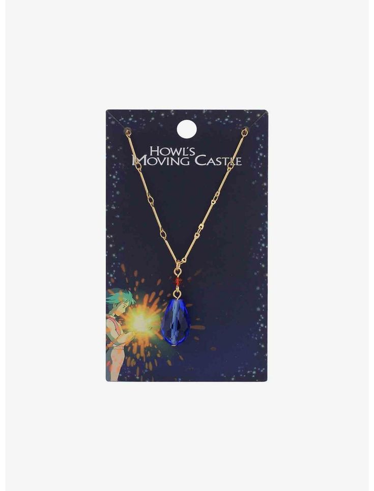 a necklace with a blue stone hanging from it's front and the words harry potters castle written on it