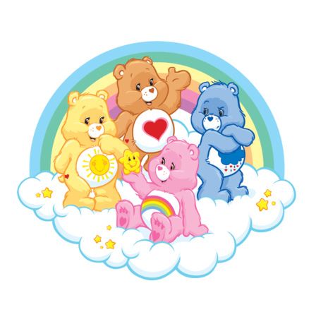 four teddy bears sitting on top of a cloud with a rainbow in the sky behind them