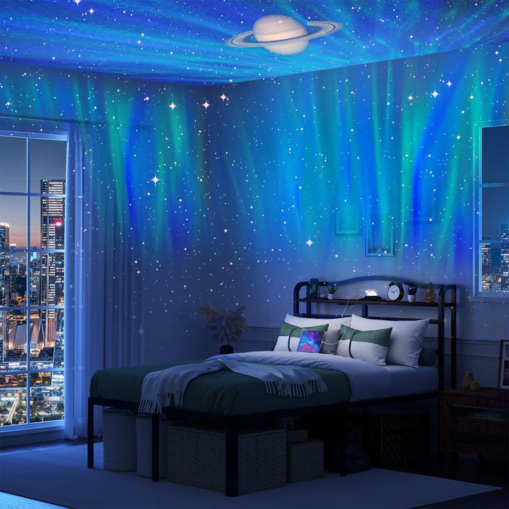 a bedroom decorated in blue and green with stars on the ceiling is lit up by lights from windows