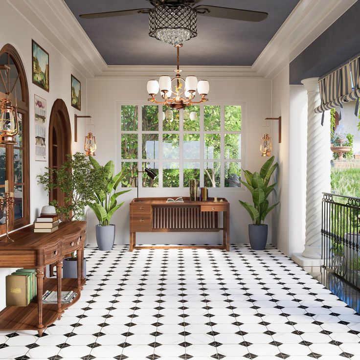 a white and black checkered floor in a room with windows, potted plants and a wooden bench