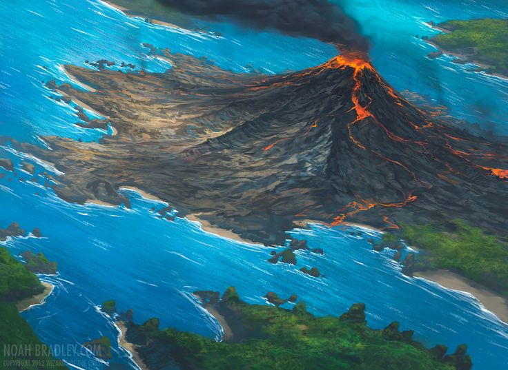 an aerial view of a volcano in the ocean with lava pouring out from it's sides