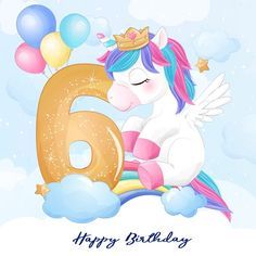 a unicorn is sitting on top of the number six with balloons in the sky behind it