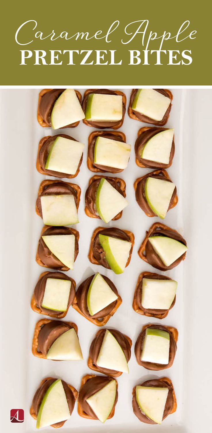 caramel apple pretzel bites on a white platter with text overlay