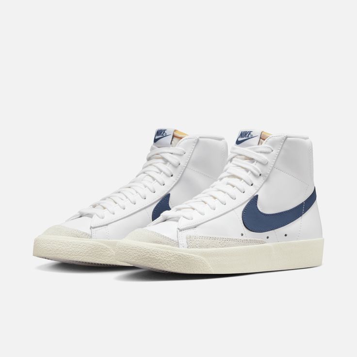 Style No. CZ1055-125 Color: White/Sail/Diffused Blue Styled for the ‘70s. Loved in the ‘80s. Classic in the ‘90s. Ready for the future. The Nike Blazer Mid ’77 delivers a timeless design that’s easy to wear. Its unbelievably crisp leather upper breaks in beautifully and pairs with bold retro branding and luscious suede accents for a premium feel. Exposed foam on the tongue and a special midsole finish this off in style. Nike Blazer Mid '77 Women's Shoes. Nike Blazers Fig 2, Nike Blazer Pink Check, Nike Blazers 77 Vintage, Womens Nike Blazer Mid 77, Womens Nike Mid Blazer, Womens Nike Blazer 77, Nike Clothes Blazer, Pink And Blue Blazers Nike, Blazer Shoes Nordstrom