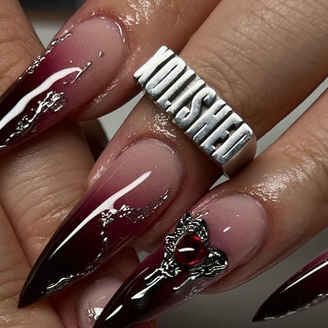 Red Witch Nails, Edgy Red Nails, Dagger Nails, Nail Ink, Deep Red Nails, Kylie Nails, Edgy Nails, Goth Nails, Acrylic Nails Coffin Pink