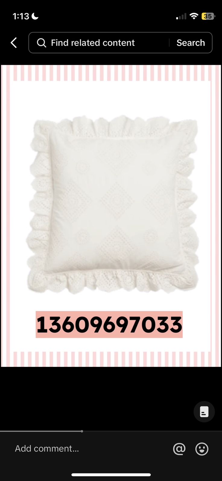 a white pillow with ruffles on it and the words, find related content search