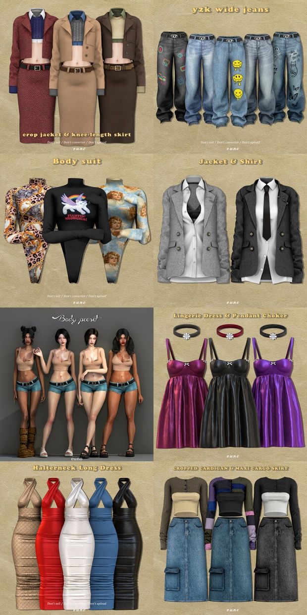 the different types of clothes are shown in this graphic style, including dresses and jackets