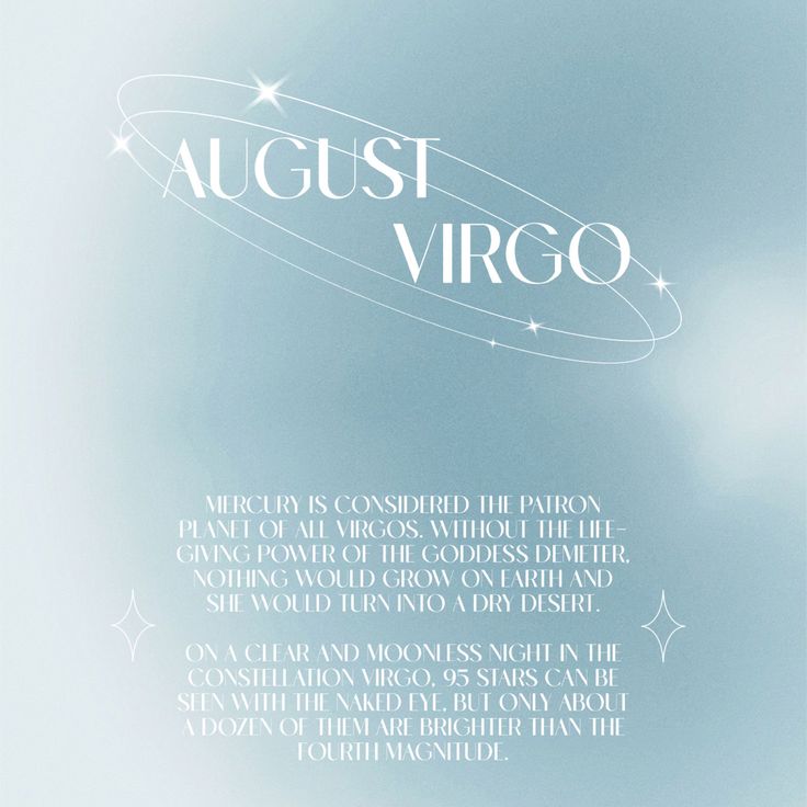 an advertisement with the words august virgo written in white on a blue sky background