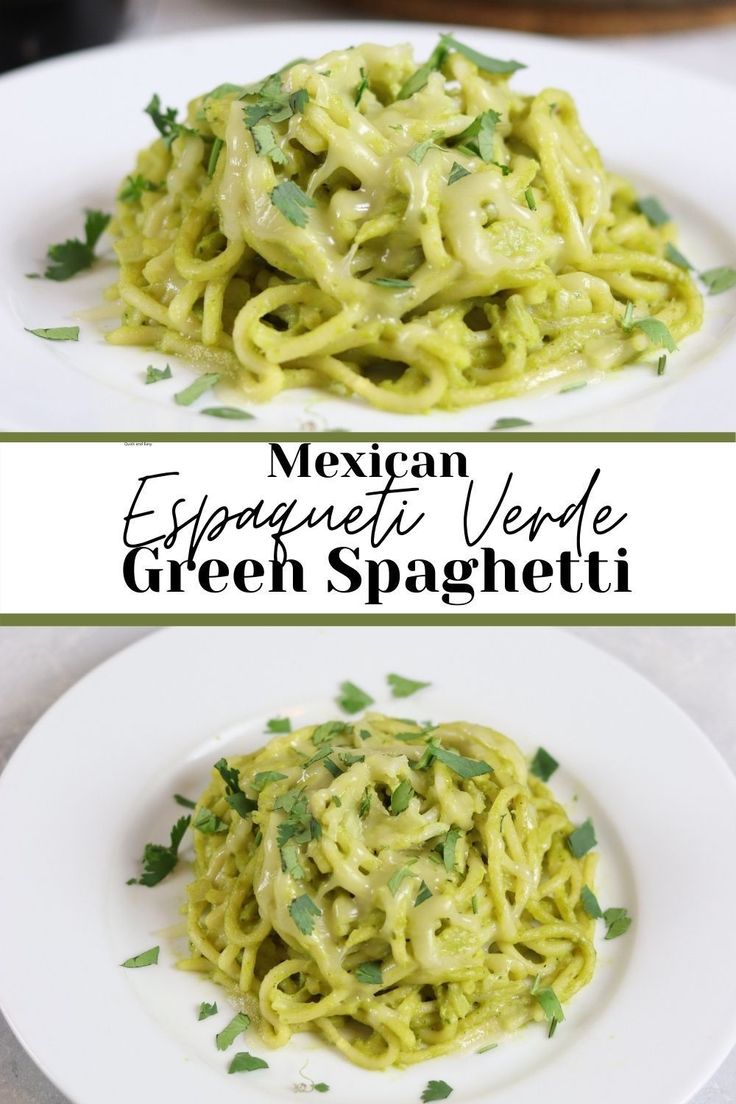 mexican espresso - style green spaghetti is served on a white plate with cilantro and parsley