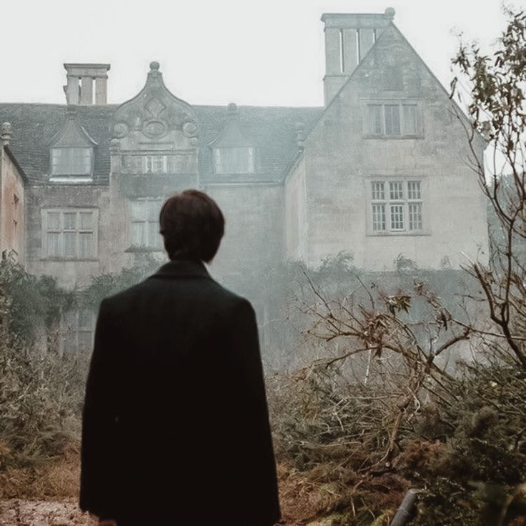 a person standing in front of a large building on a foggy, overcast day