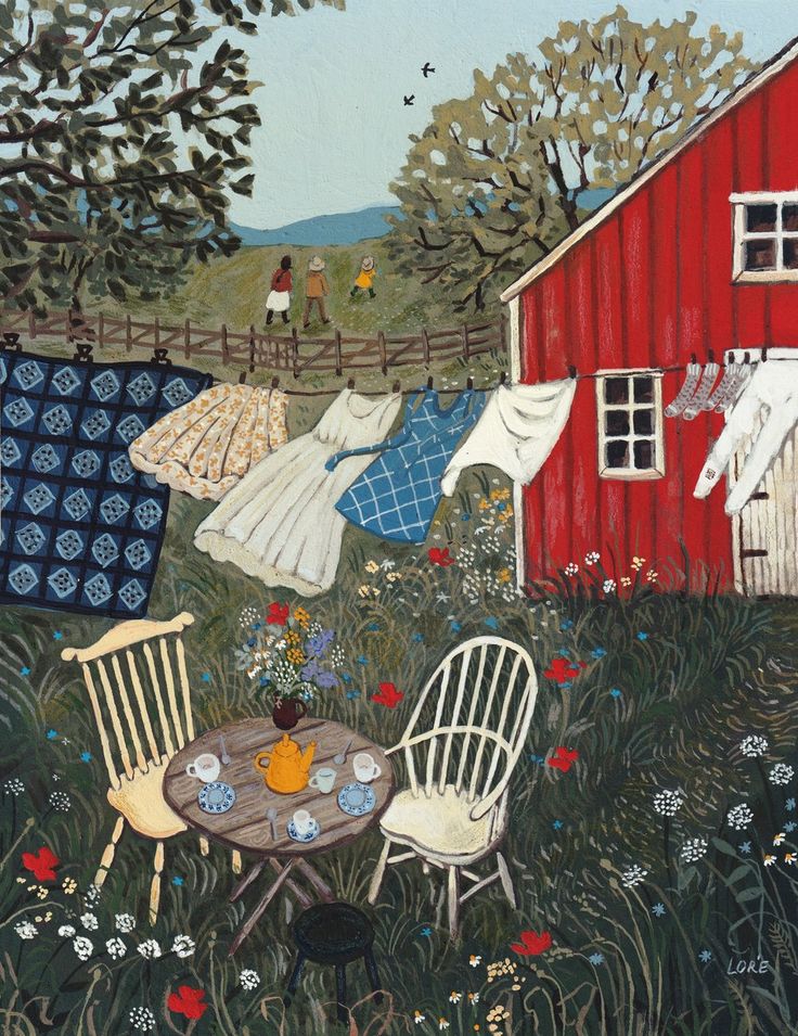 a painting of clothes hanging out to dry on the clothesline in front of a red barn