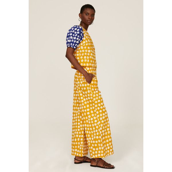 Yellow printed cotton (100% Cotton). Pants. Back zipper closure. 28" inseam. 12.5" rise. Imported. Polka Dot Pants, Palazzo Pant, Yellow Polka Dot, Rent The Runway, Yellow Print, Closet Designs, Matching Top, Palazzo Pants, Cotton Pants