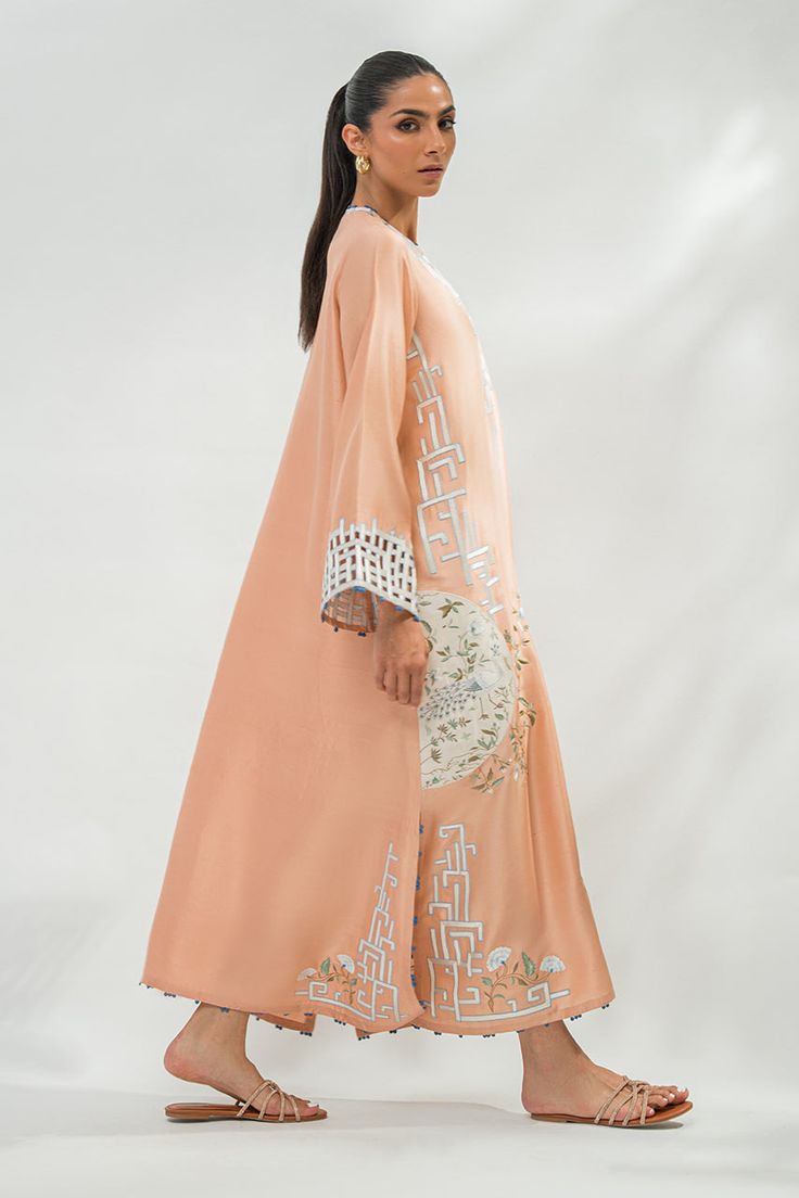 Yema (A) Summer Straight Kurta Dress With Embroidered Sleeves, Pink Resham Embroidery Kaftan For Wedding, Eid Floral Embroidered Kaftan, Spring Silk Sets With Embroidered Border, Spring Designer Dresses With Embroidery, Spring Designer Silk Kurta, Designer Anarkali Embroidered Dress For Spring, Spring Designer Wear Kurta With Embroidered Border, Bohemian Dabka Work Sets For Spring