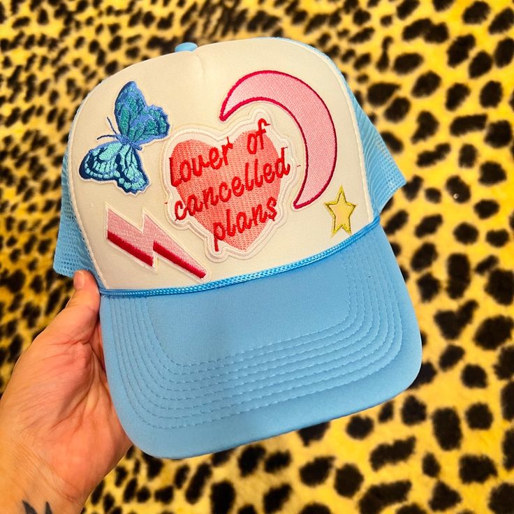 Valentine’s Day Or Any Day Hat! Patched Trucker Hat. One Of A Kind. Unique. Brand New Never Worn Trucker Hat Inspo Patches, Trendy Blue Trucker Hat For Vacation, Trendy Blue Trucker Hat, Playful Blue Trucker Hat For Summer, Playful Blue Summer Trucker Hat, Blue Fun Trucker Hat For Spring, Blue Trucker Hat For Spring Vacation, Trendy Blue Trucker Hat For Spring, Trendy Light Blue Hat, One Size Fits Most