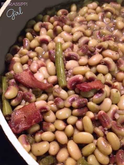 beans with bacon and green beans in a pot