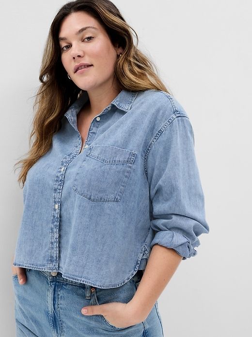 Cropped Denim Shirt, Long Sleeve Denim Shirt, Denim Shirts, Gap Women, Long Puff Sleeves, Cropped Denim, Western Shirts, Crop Shirt, Outfits Casuales