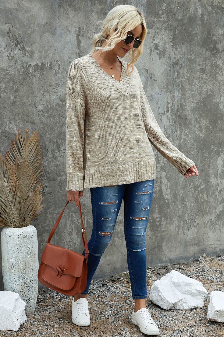 Khaki V Neck Drop Shoulder Knitted Sweater Summer Dress Outfits Casual, Loose Jumper, Solid Color Sweater, Loose Sweater, Casual Summer Outfits, Sweaters Oversized, Knitted Sweater, Jacket Style, Vneck Sweater