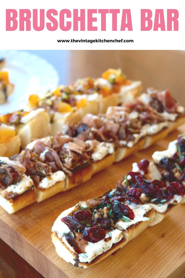 the bruschetta bar is ready to be eaten with fruit and cheese on top