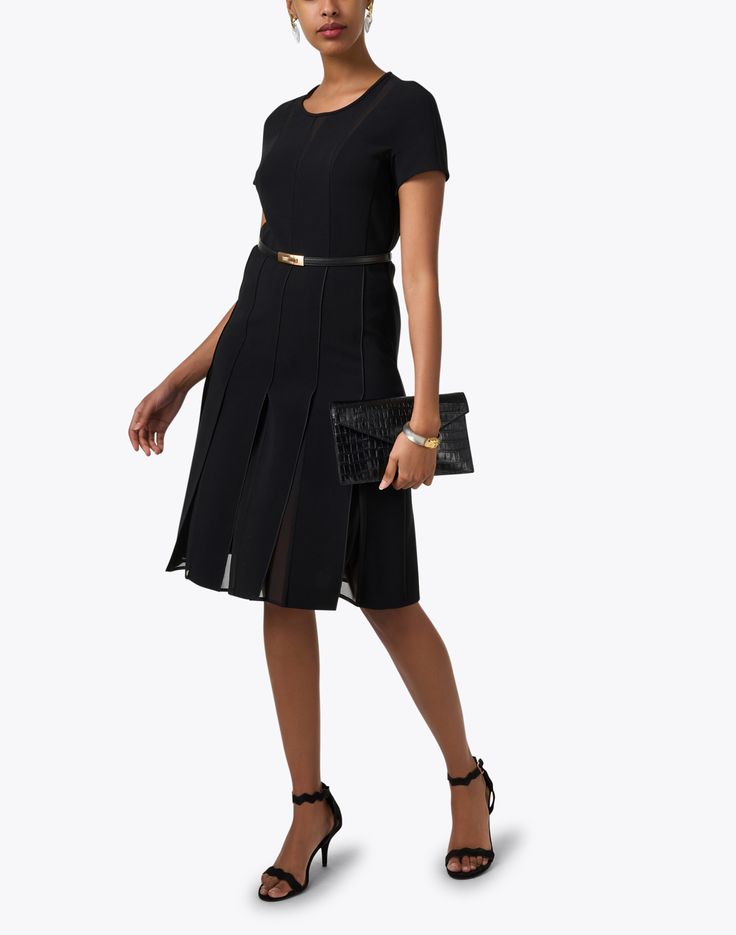 An elevated take on a little black dress, Max Mara Studio's refined style comes to life in the Papaia dress. This mini hem features sheer detailing at the chest, a pleated skirt, and a flattering belted waist. Wear this stylish piece with your favorite gold accessories, a clutch, and heels to your next cocktail event. Max Mara Leisure Dress, Black Ruffle Dress, Eyelet Dress, Couture Details, Confident Woman, Black Ruffle, Black Shirt Dress, Wool Dress, Crepe Dress