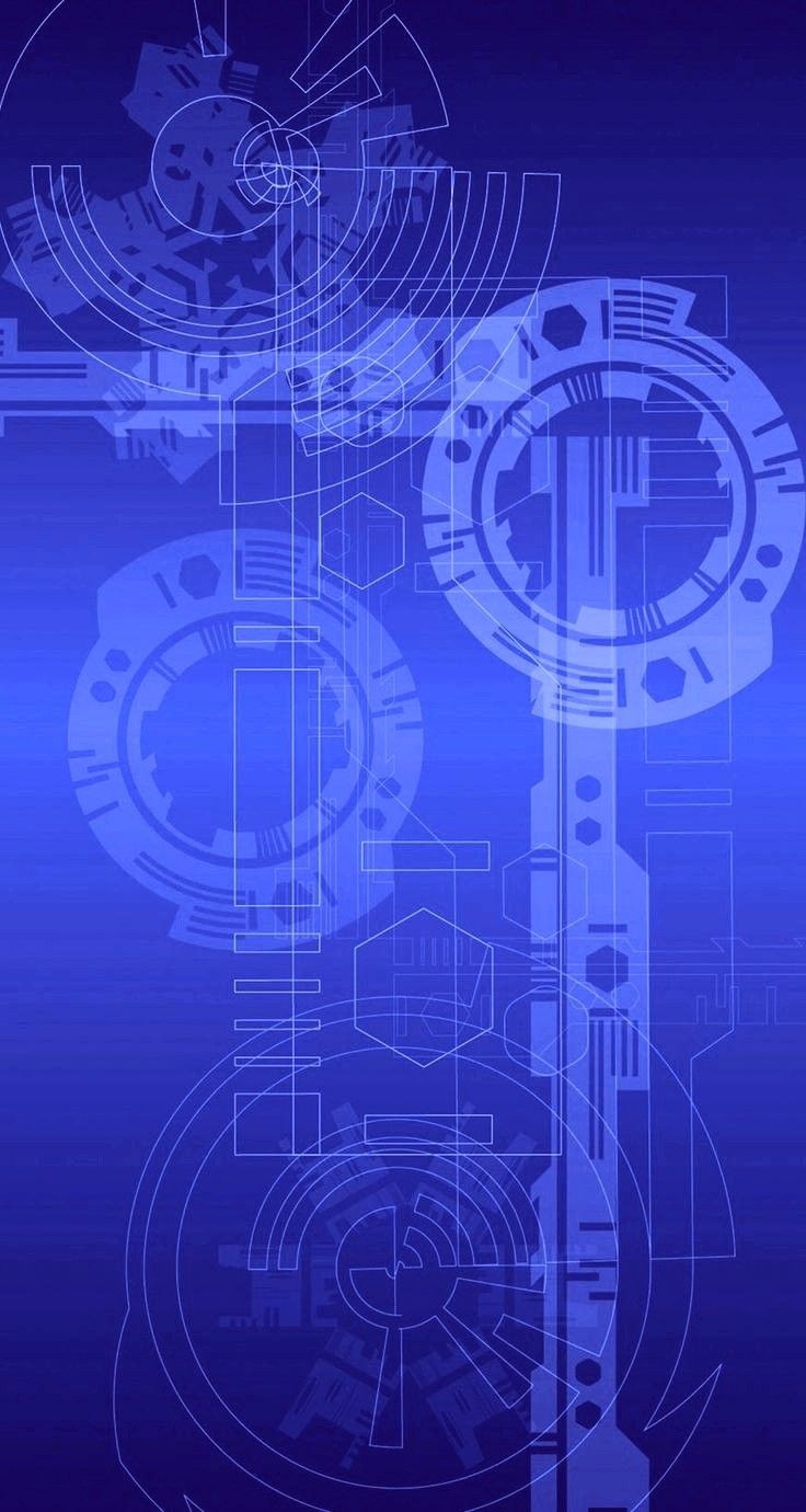 an abstract blue background with gears and wheels on it's side, in the center is