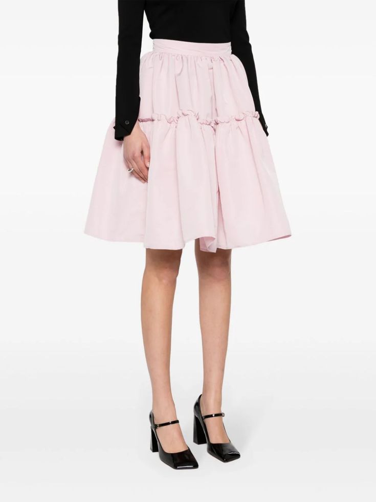 Nina Ricci Babydoll Midi Skirt - Farfetch Feminine Ruffled Skirt For Workwear, Spring Midi Bottoms With Ruffle Hem, Chic Pleated Ruffle Skirt For Spring, Chic Ruffled Pleated Skirt For Spring, Chic Spring Pleated Skirt With Ruffles, Feminine Ruffled Flared Dress, Pink Dress With Ruffle Hem And Voluminous Skirt, Spring Daywear Pleated Tiered Skirt, Pink Feminine Dress With Gathered Skirt