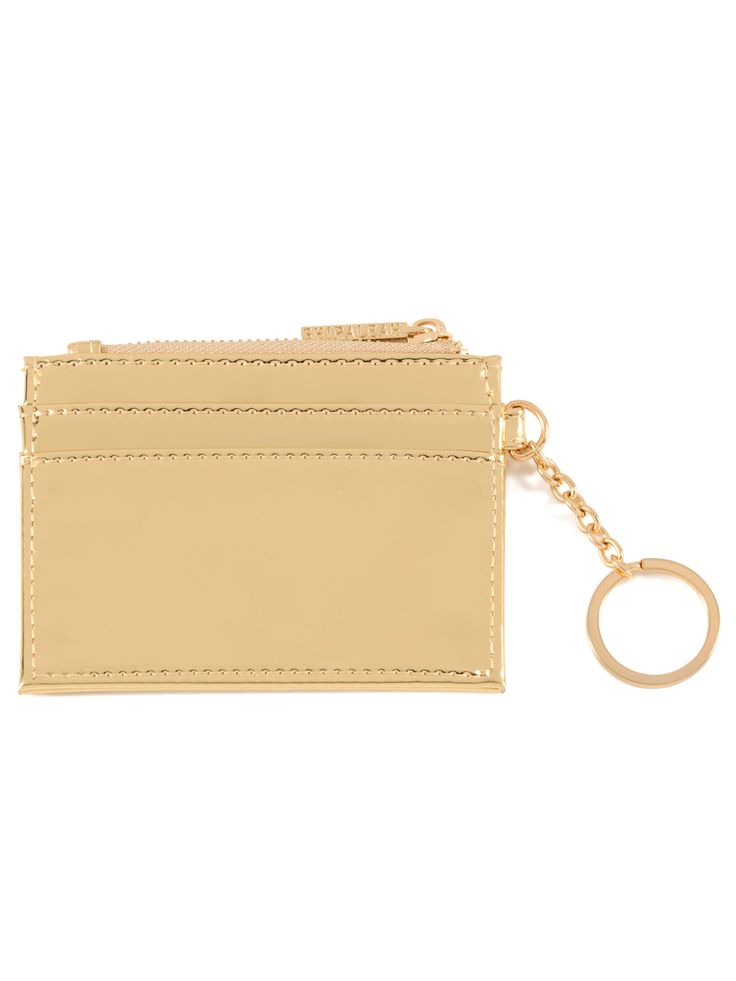 Easily move your key items from handbag to handbag with Shiraleah's Clara Card Case. Made from trendy patent vegan leather in a reflective gold color, this practical miniature wallet features a sturdy gold key-chain to attach to your favorite bag or key ring. With multiple slip pockets and credit card slots as well as a top-zip closure, it’s the perfect mini essential to carry in along on a night on the town. Pair with matching items from the Clara Collection, or other items from Shiraleah to co Gold Coin Purse With Card Slots As A Gift, Trendy Gold Bag With Card Slots, Trendy Gold Rectangular Wallet, Gold Compact Wallets With Card Slots, Compact Gold Wallet With Card Slots, Compact Gold Coin Purse With Card Slots, Gold Card Holder With Slots For Travel, Gold Wallets With Card Slots For Travel, Gold Rectangular Coin Purse With Card Slots