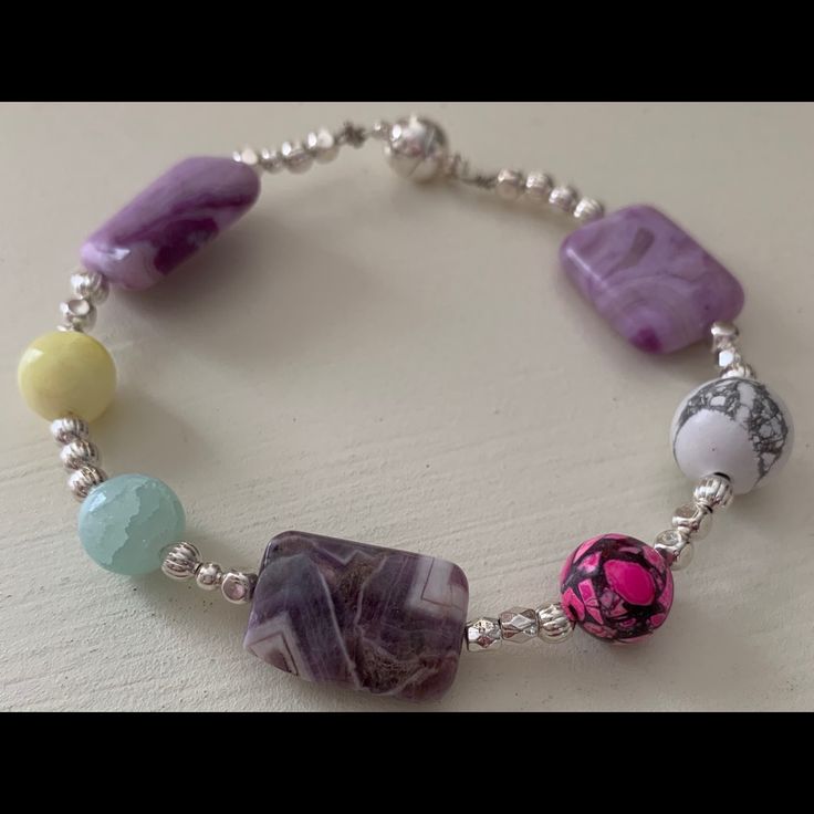 New Handmade Gem Stone Agate Beaded Bracelet 9 Inch Multi- Color Beads Magnet Closure Spiritual Purple Crystal Bracelet With Colorful Beads, Multicolor Amethyst Beaded Bracelets With Natural Stones, Purple Beaded Bracelet With Large Round Beads, Purple Beaded Bracelets With Large Beads, Handmade Multicolor Amethyst Bracelets, Purple Natural Stone Beads For Gift, Purple Natural Stone Beads For Gifts, Purple Agate Beaded Bracelets As A Gift, Purple Bracelets With Large Beads