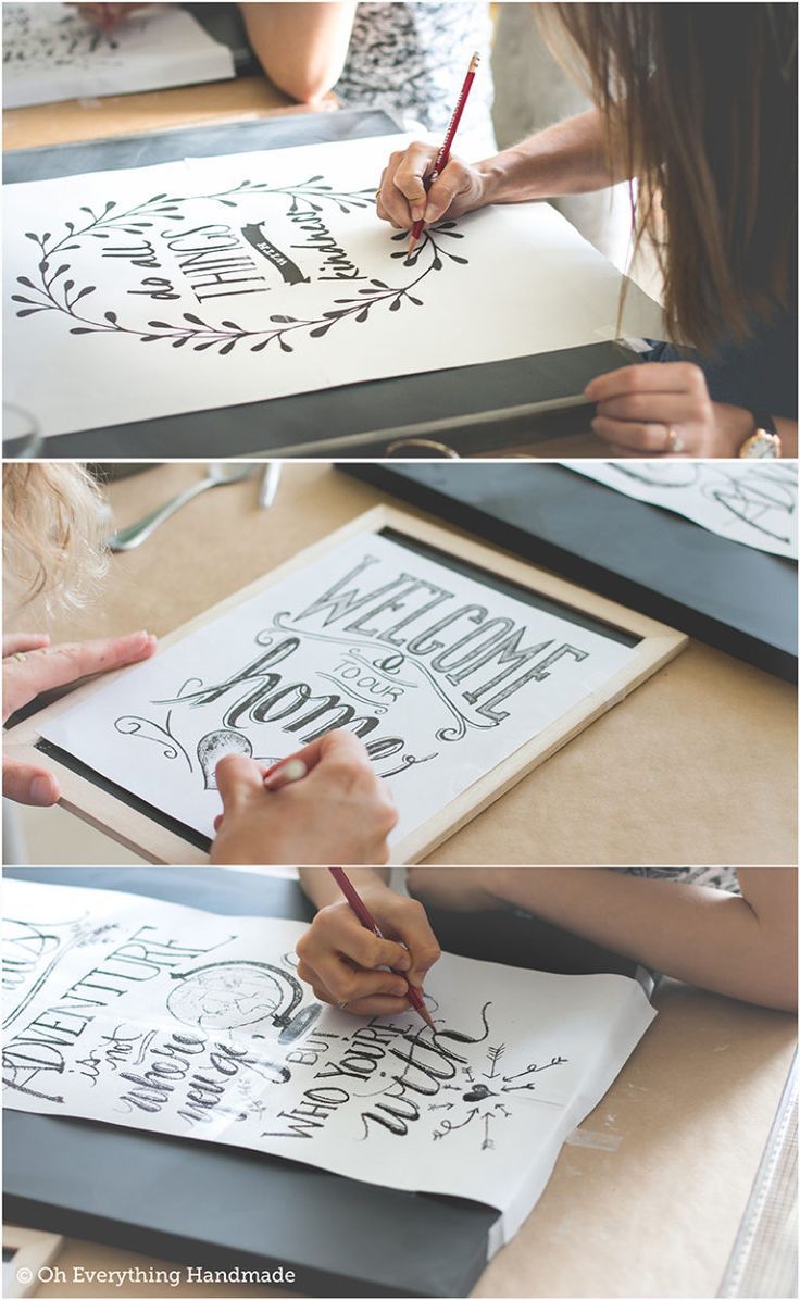 the process of making calligraphy is shown in three different stages, including using markers and ink