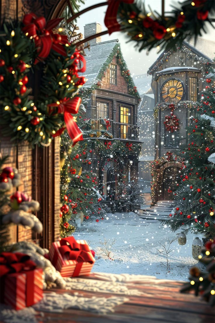 a christmas scene is shown through an open window