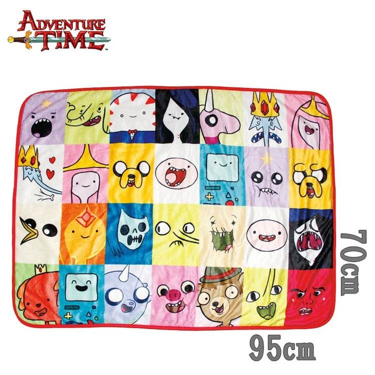 the adventure time blanket has many faces on it