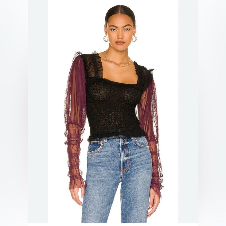 Sheer Blousy Sleeves With Elastic Torso. Chic Fitted Purple Blouse, Purple Tops For Night Out In Spring, Fitted Purple Chic Blouse, Chic Purple Tops For Evening, Chic Purple Evening Tops, Trendy Purple Blouse For Night Out, Purple Top For Night Out In Fall, Purple Tops For Night Out In Fall, Chic Purple Tops For Night Out