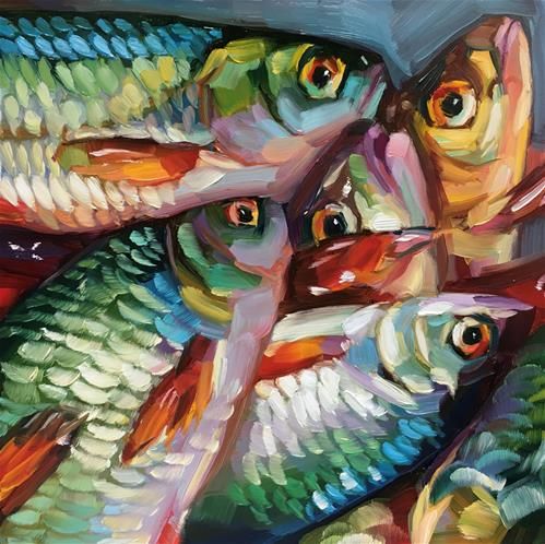 an oil painting of fish in different colors