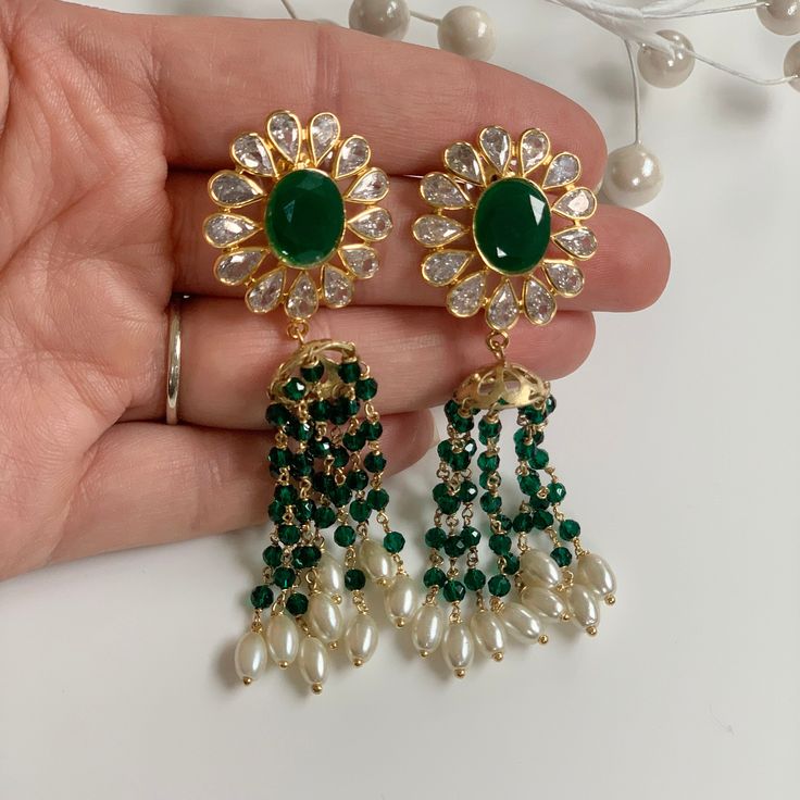 High end Kundan Jhumkay with green stones.  Length:  6cm Metal:  Brass Luxury Green Chandbali Jhumkas, Jhumki Earrings, Black Beaded Jewelry, Fancy Jewellery, Islamic Gifts, Bridal Jewelry Sets, Green Stone, Black Beads, Chandelier Earrings