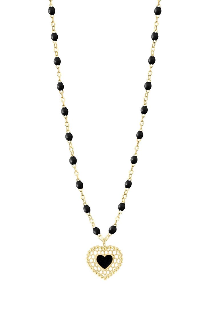 Gigi Clozeau lace heart in necklace in black/yellow gold. 18K Yellow Gold Black Beads 16.5" L Luxury Black Heart Pendant Necklace, Luxury Black Heart Pendant Jewelry, Elegant Black Necklace With Heart Charm, Black Heart Beads Pendant Necklace, Elegant Heart-shaped Black Beads Jewelry, Black Pendant Necklaces With Beaded Chain, Luxury Heart Bead Necklaces With Heart Pendant, Black Heart Beaded Pendant Necklace, Black Pendant Necklace With Heart Charm