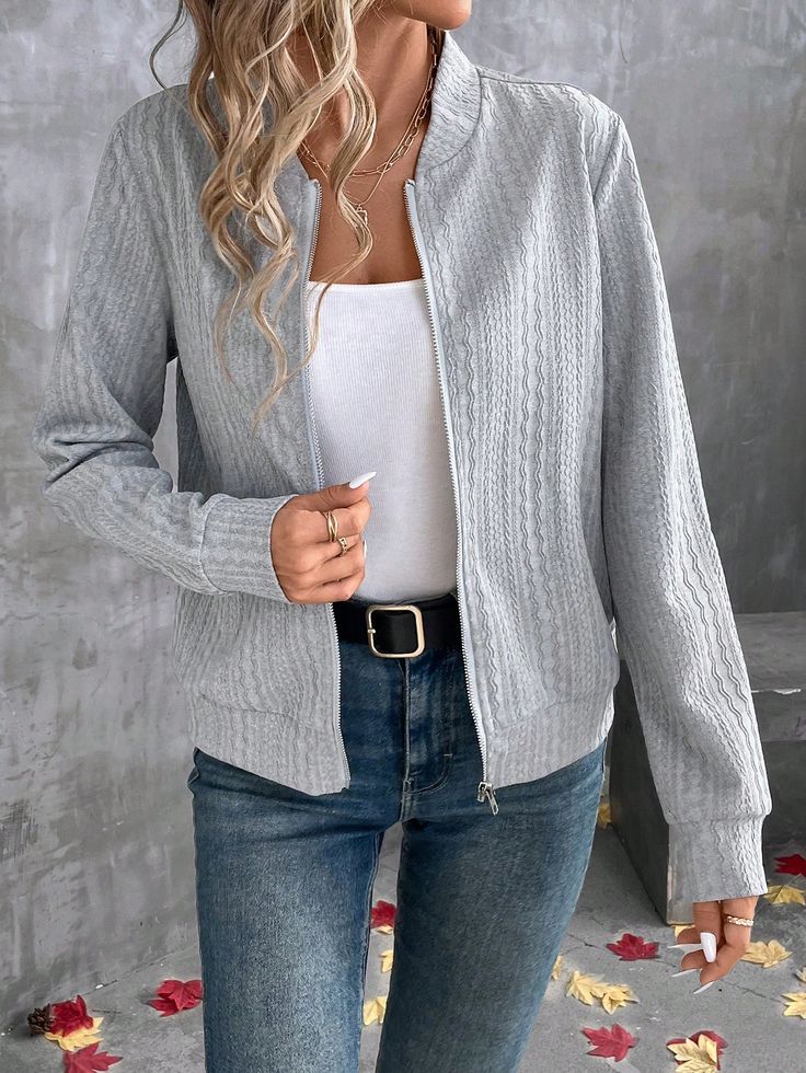 Gris  Collar manga larga Tela tejida   Embellished Elástico Ligero Grey Long Sleeve, Crop Tee, Casual Jacket, Gray Jacket, Long Sleeve Knit, Colorful Leggings, All Fashion, Women Clothes Sale, Women Clothing