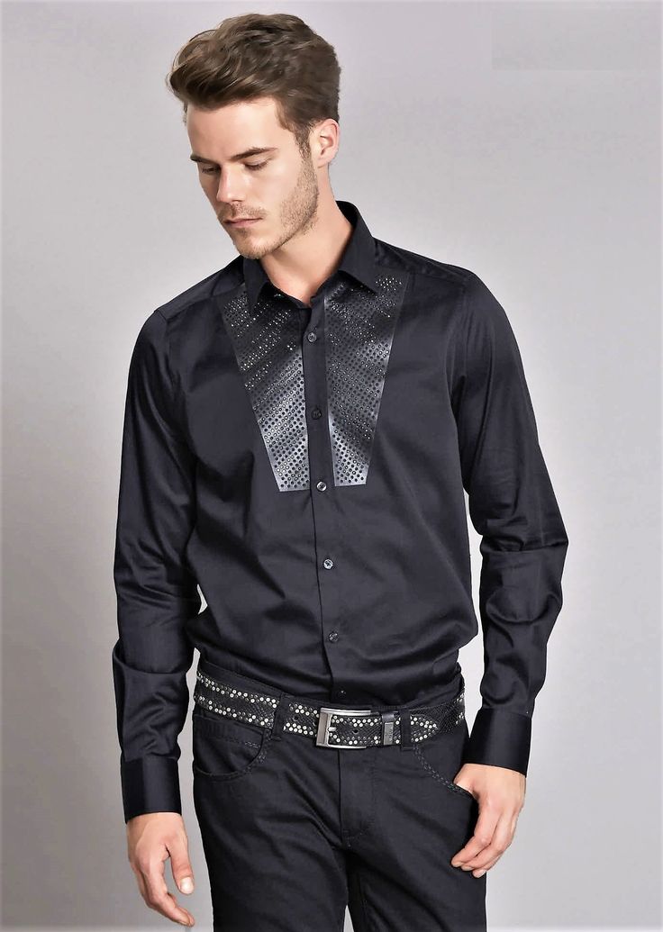 Front Panel Silicone Black Rhinestone shirt Limited edition French placket Button-down collar Long sleeves with rounded, single-button cuffs Rounded hem Cotton Dry clean Luxury Black Shirt For Spring, Elegant Workwear Shirt With Embellished Collar, Elegant Party Shirt With Buttons, Designer Semi-formal Button-up Shirt, Designer Long Sleeve Shirt For Party, Spring Party Shirt With Spread Collar, Luxury Black Shirt For Office, Designer Black Shirt With Button Closure, Fancy Shirt For Men