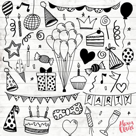 birthday doodles on wood with balloons, cake and other items in black and white