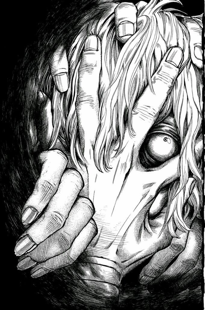 a black and white drawing of two hands covering the face of a woman