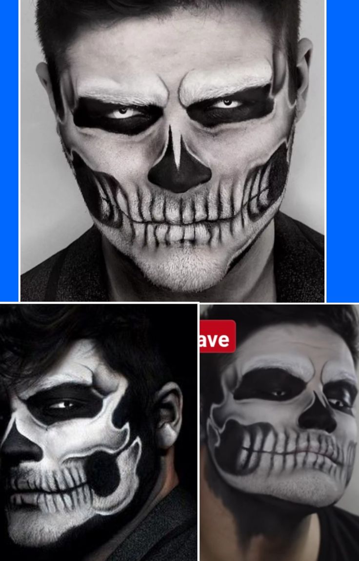 Skull Face Paint For Men With Beard, Skull Face Makeup Men, Easy Skull Makeup Men, Male Skull Makeup, Halloween Makeup Male, Male Halloween Makeup, Man Skull Makeup, Halloween Caveira, Mens Halloween Makeup